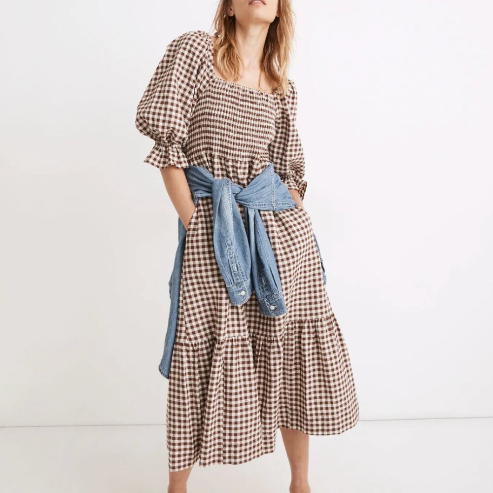 Madewell Lucie Elbow-Sleeve Smocked Midi Dress in Gingham